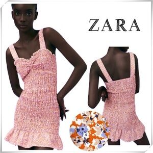 ZARA Floral Smocked Mini Dress in Orange New with Tags Size M